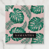 Tropisch roze en groen lederen patroon en naam bedankjes labels (Voorkant)