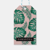 Tropisch roze en groen lederen patroon en naam cadeaulabel (Voorkant)