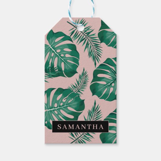 Tropisch roze en groen lederen patroon en naam cadeaulabel (Voorkant)