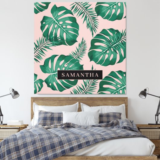Tropisch roze en groen lederen patroon en naam canvas afdruk (Insitu (Slaapkamer))