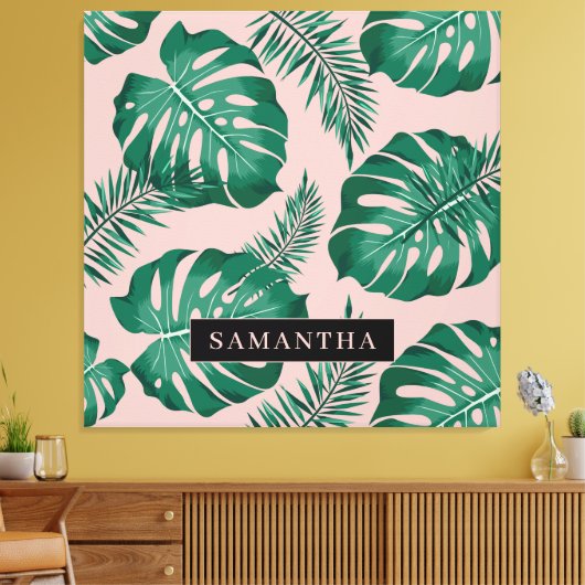 Tropisch roze en groen lederen patroon en naam canvas afdruk (Insitu (Woonkamer))