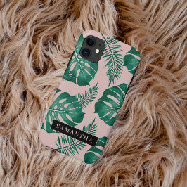 Tropisch roze en groen lederen patroon en naam Case-Mate iPhone case