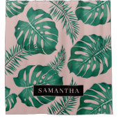 Tropisch roze en groen lederen patroon en naam douchegordijn (Voorkant)