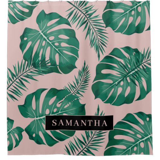 Tropisch roze en groen lederen patroon en naam douchegordijn (Voorkant)