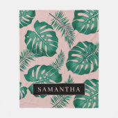 Tropisch roze en groen lederen patroon en naam fleece deken (Voorkant)