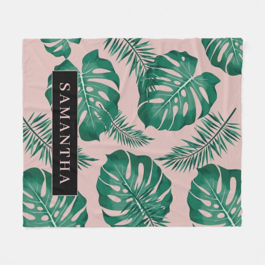 Tropisch roze en groen lederen patroon en naam fleece deken (Voorkant (Horizontaal))