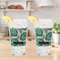 Tropisch roze en groen lederen patroon en naam