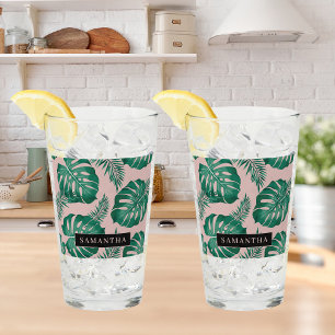 Tropisch roze en groen lederen patroon en naam glas