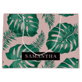 Tropisch roze en groen lederen patroon en naam groot cadeauzakje (Voorkant)