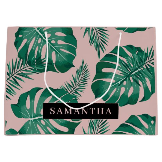 Tropisch roze en groen lederen patroon en naam groot cadeauzakje (Voorkant)