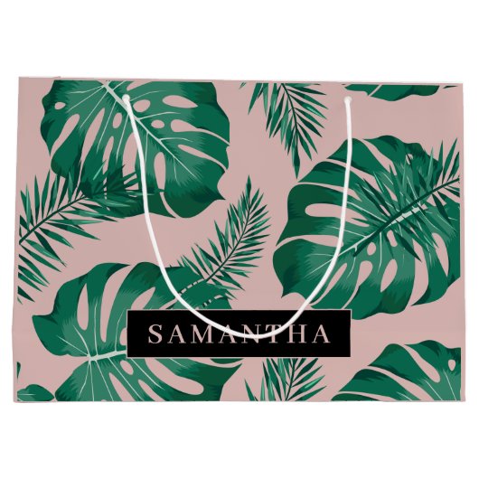 Tropisch roze en groen lederen patroon en naam groot cadeauzakje (Achterkant)