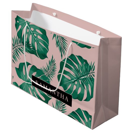 Tropisch roze en groen lederen patroon en naam groot cadeauzakje (Voorkant Gekanteld)