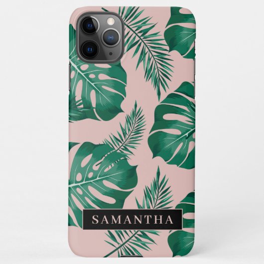 Tropisch roze en groen lederen patroon en naam iPhone hoesje (Achterkant)