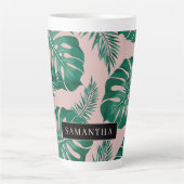 Tropisch roze en groen lederen patroon en naam latte mok (Voorkant)