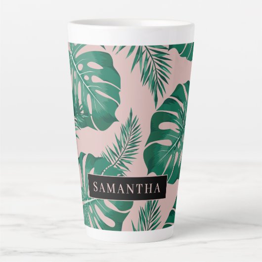 Tropisch roze en groen lederen patroon en naam latte mok (Voorkant)