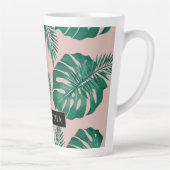 Tropisch roze en groen lederen patroon en naam latte mok (Rechts)