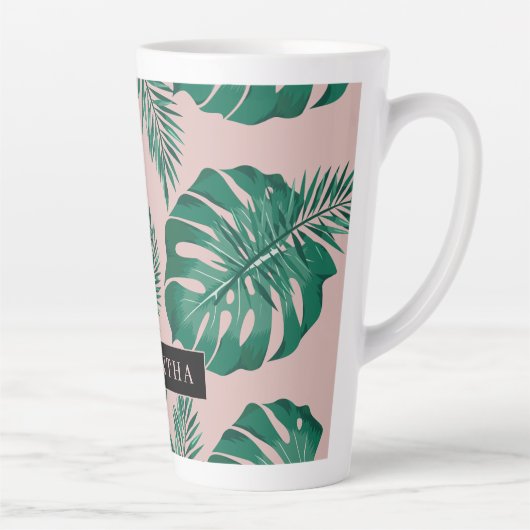 Tropisch roze en groen lederen patroon en naam latte mok (Rechts)