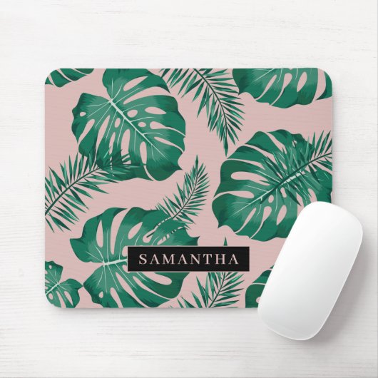 Tropisch roze en groen lederen patroon en naam muismat (Met muis)