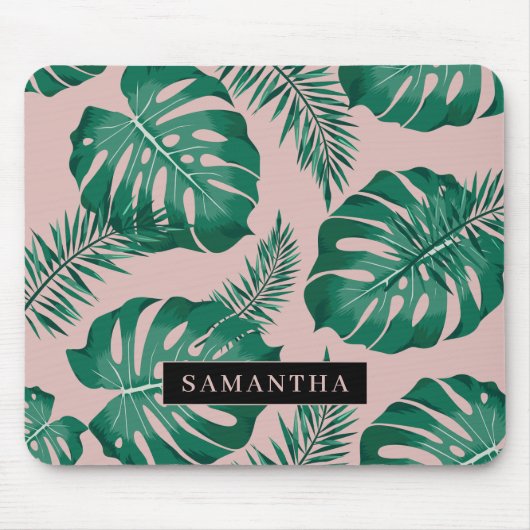 Tropisch roze en groen lederen patroon en naam muismat (Voorkant)