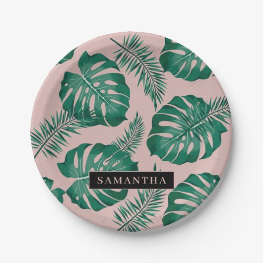 Tropisch roze en groen lederen patroon en naam papieren bordje (Voorkant)