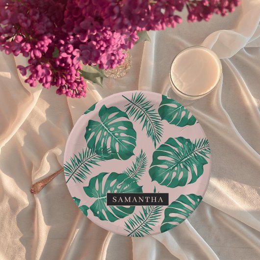 Tropisch roze en groen lederen patroon en naam papieren bordje