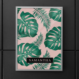 Tropisch roze en groen lederen patroon en naam poster