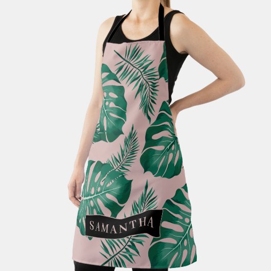 Tropisch roze en groen lederen patroon en naam schort (Insitu)