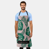 Tropisch roze en groen lederen patroon en naam schort (Gedragen)