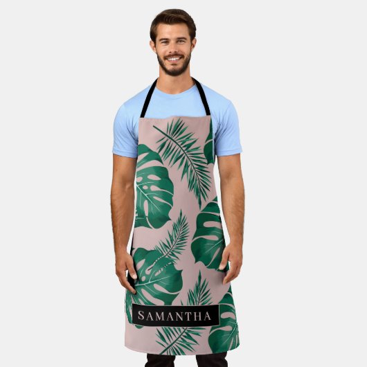 Tropisch roze en groen lederen patroon en naam schort (Gedragen)