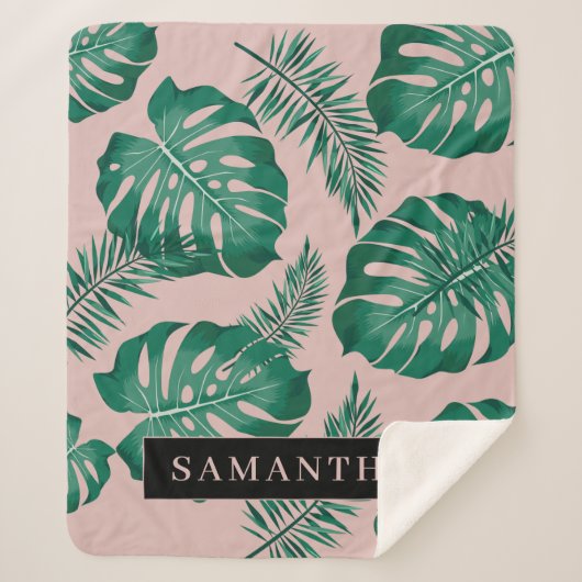 Tropisch roze en groen lederen patroon en naam sherpa deken (Voorkant)