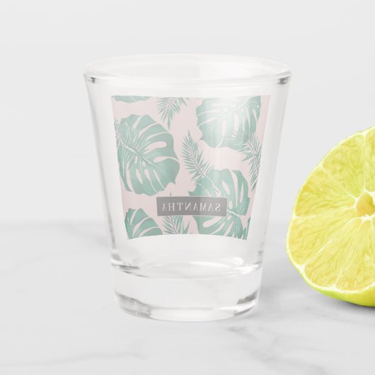 Tropisch roze en groen lederen patroon en naam shot glas (Achterkant)