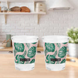 Tropisch roze en groen lederen patroon en naam shot glas
