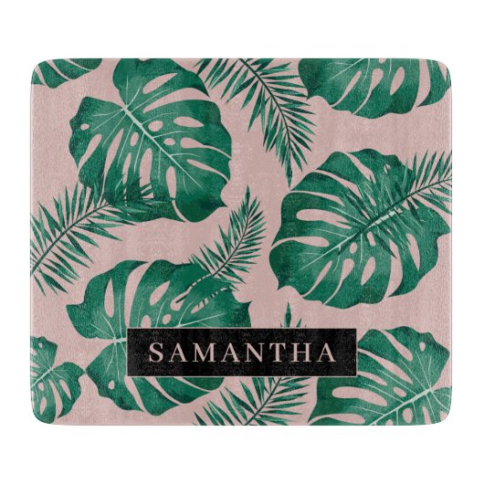 Tropisch roze en groen lederen patroon en naam snijplank (Voorkant)