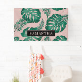 Tropisch roze en groen lederen patroon en naam spandoek (Insitu)