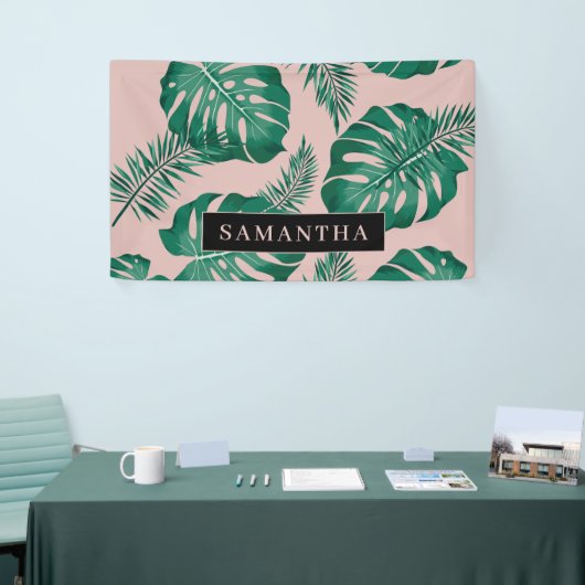 Tropisch roze en groen lederen patroon en naam spandoek (Beurs)