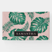 Tropisch roze en groen lederen patroon en naam spandoek (Horizontaal)