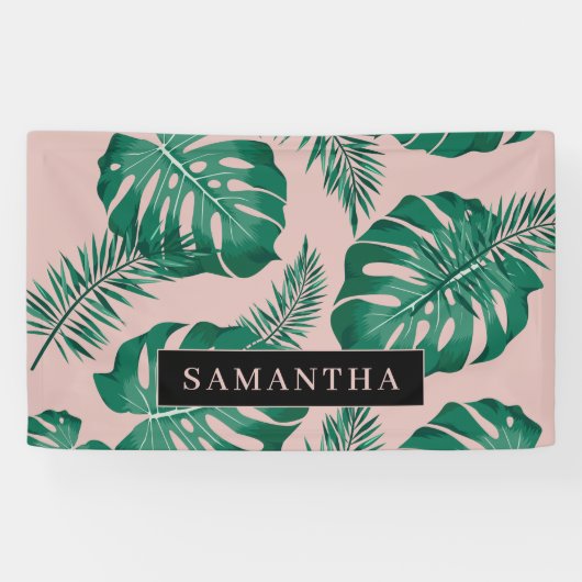 Tropisch roze en groen lederen patroon en naam spandoek (Horizontaal)