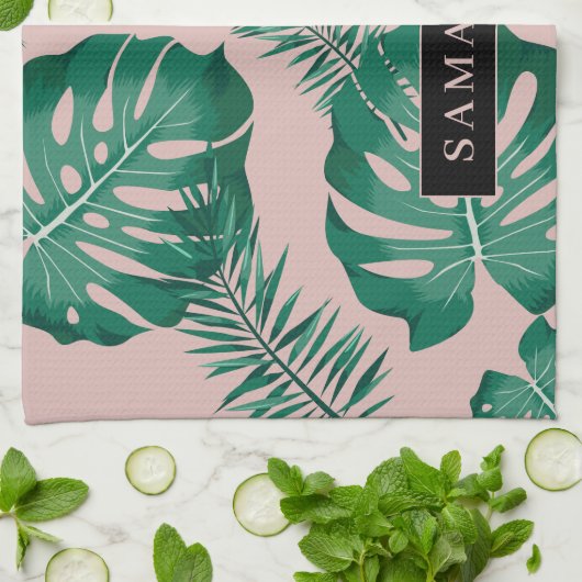 Tropisch roze en groen lederen patroon en naam theedoek (Gevouwen)
