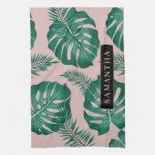 Tropisch roze en groen lederen patroon en naam theedoek (Verticaal)