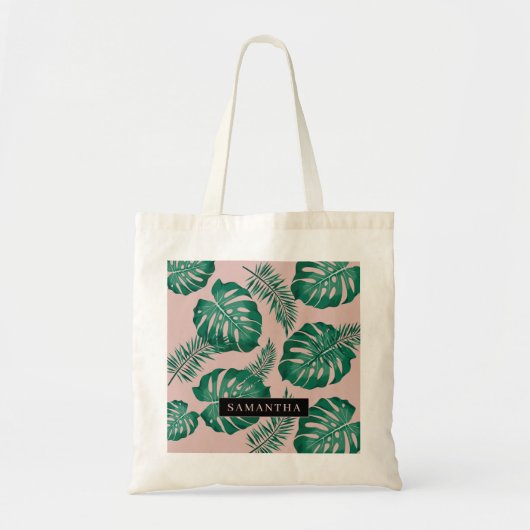 Tropisch roze en groen lederen patroon en naam tote bag (Voorkant)