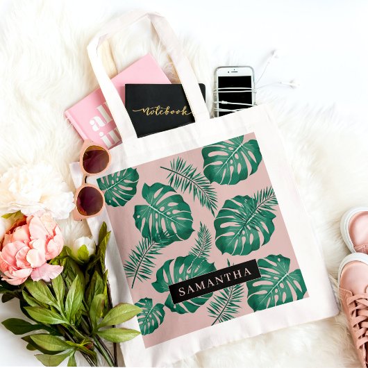 Tropisch roze en groen lederen patroon en naam tote bag