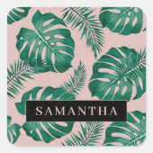Tropisch roze en groen lederen patroon en naam vierkante sticker (Voorkant)