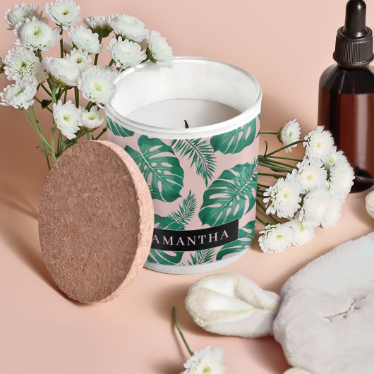 Tropisch roze en groen lederen patroon en naam vierkante sticker