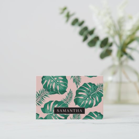 Tropisch roze en groen lederen patroon en naam visitekaartje (Staand voorkant)