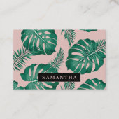 Tropisch roze en groen lederen patroon en naam visitekaartje (Voorkant)
