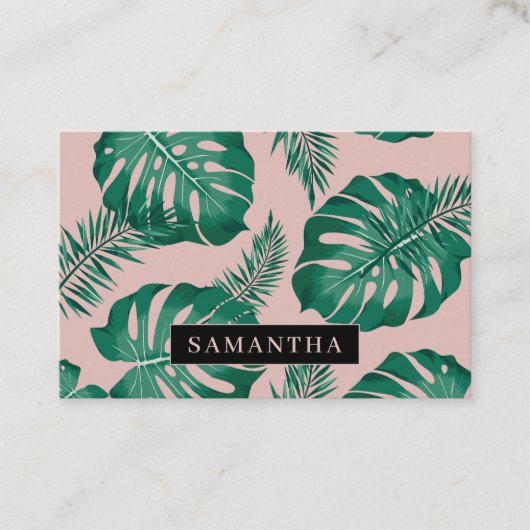 Tropisch roze en groen lederen patroon en naam visitekaartje (Voorkant)
