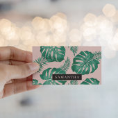 Tropisch roze en groen lederen patroon en naam visitekaartje