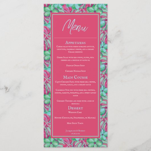 Tropisch Roze en Groene Bloemen Wedding Menu (Voorkant)