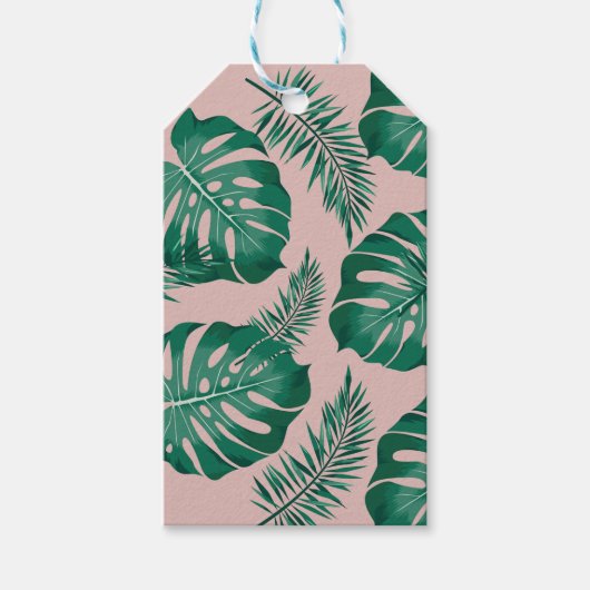 Tropisch roze en groene handpalmen zonder naadloos cadeaulabel (Voorkant)