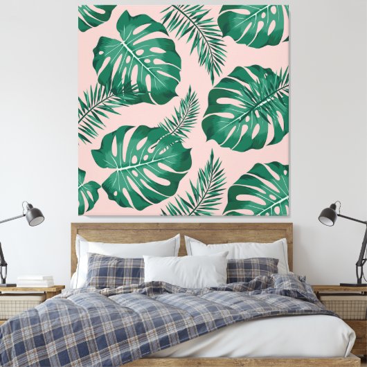 Tropisch roze en groene handpalmen zonder naadloos canvas afdruk (Insitu (Slaapkamer))
